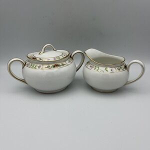 Antique Noritake Sugar Bowl Lid & Creamer 3 Pcs Set Pink Florals Gold Trim